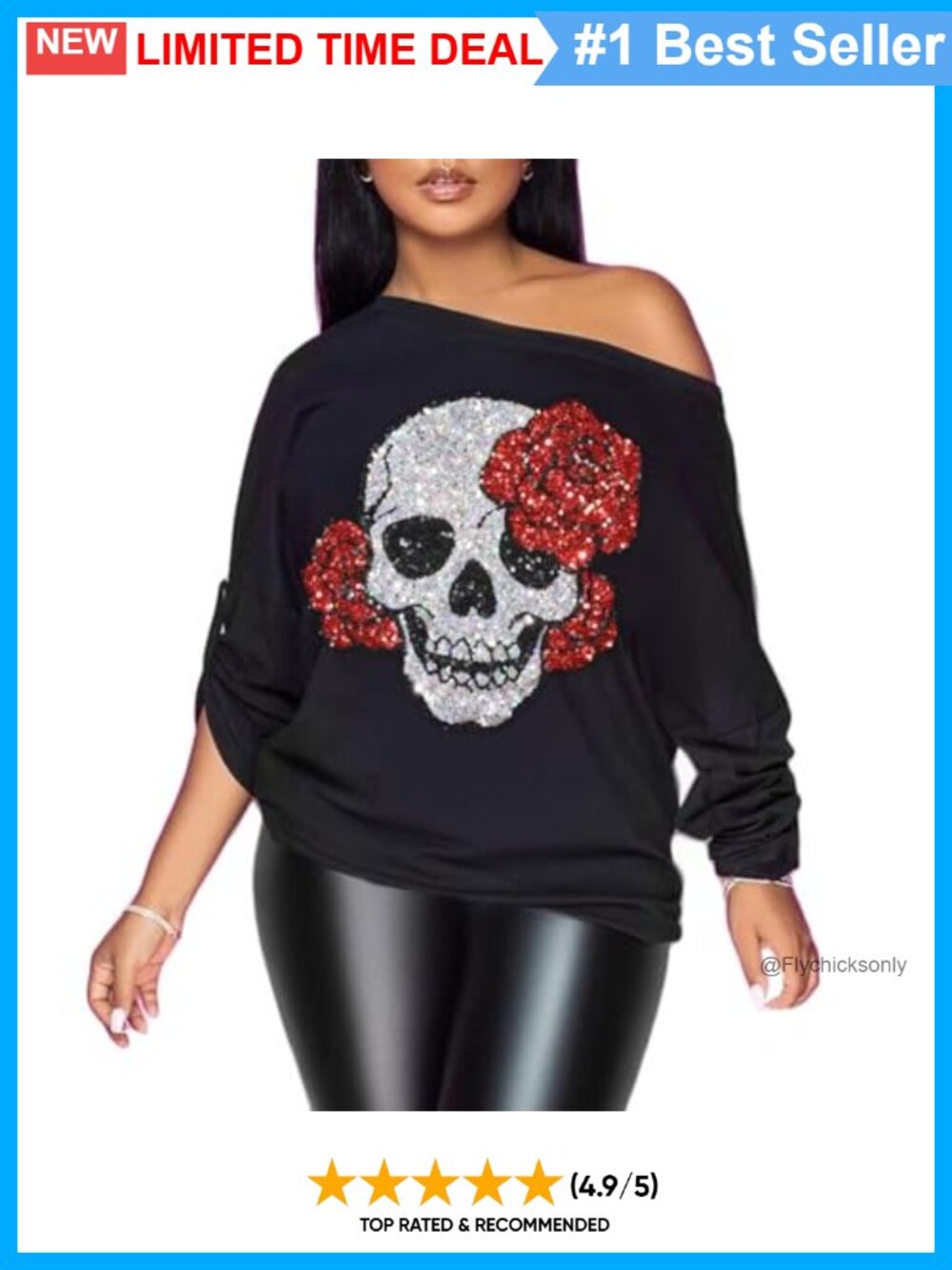 Off The Shoulder Metallic Graphic T-Shirt Long Sleeve Blouse